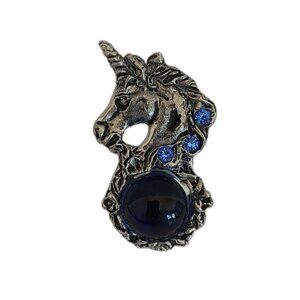 Vintage Pewter Unicorn Blue Crystal Rhinestone Accent Pendant Fellowship Foundry